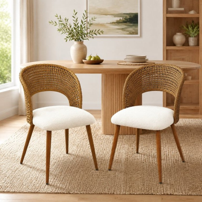 English Elm 2‑Pack PE Rattan Dining Chairs Curved Woven Back Fleece Cushion Wood-Grain Legs W3590P541420