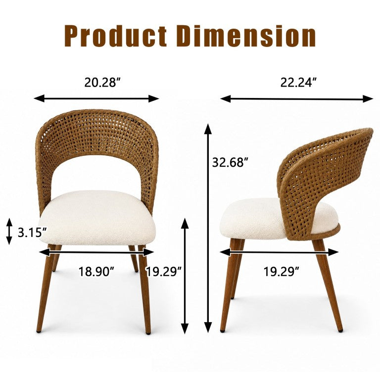English Elm 2‑Pack PE Rattan Dining Chairs Curved Woven Back Fleece Cushion Wood-Grain Legs W3590P541420
