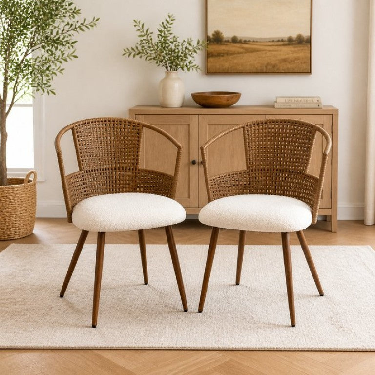 English Elm 2 Boho PE Rattan Armchairs with Fleece Cushions Wood Grain Legs Dining Living W3590P541423