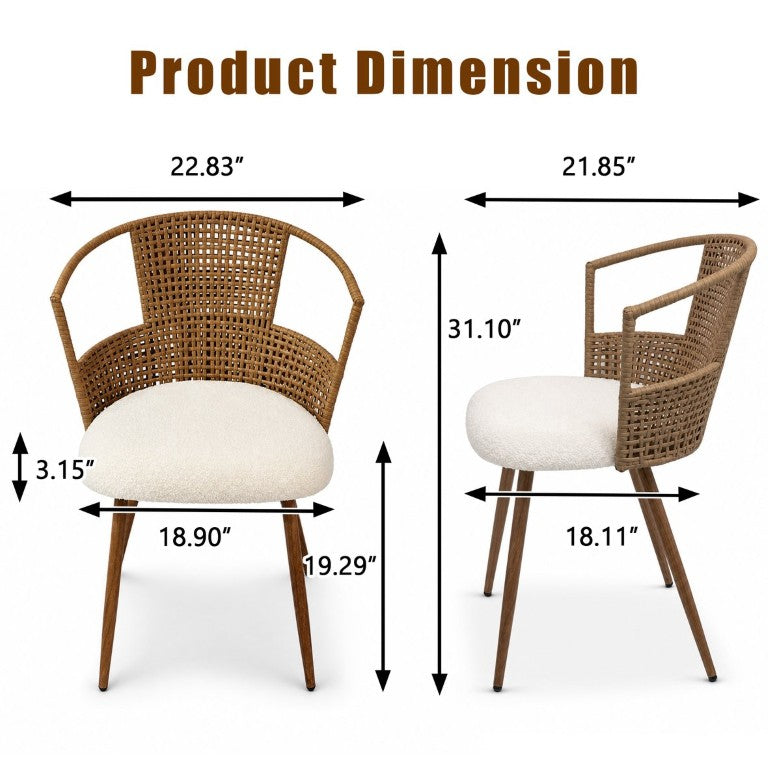 English Elm 2 Boho PE Rattan Armchairs with Fleece Cushions Wood Grain Legs Dining Living W3590P541423