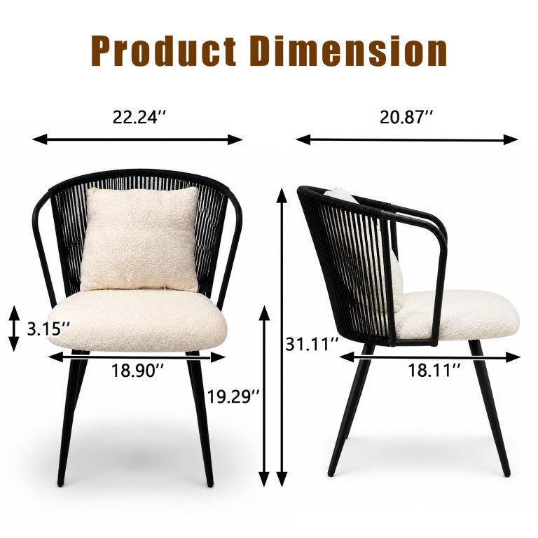 English Elm 2 PE Rattan Woven Dining Chairs with Teddy Fleece Cushions Lumbar Pillow Matte Legs W3590P541495