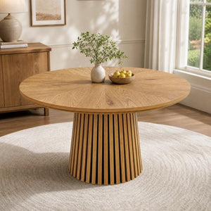 English Elm 47.24 Inch Oval MDF Dining Table with Slatted Legs Scandinavian Modern Wood Grain W3590P556801