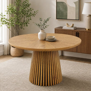 English Elm 47.24 Inch Oval MDF Dining Table with Slatted Legs Scandinavian Modern Wood Grain W3590P556801