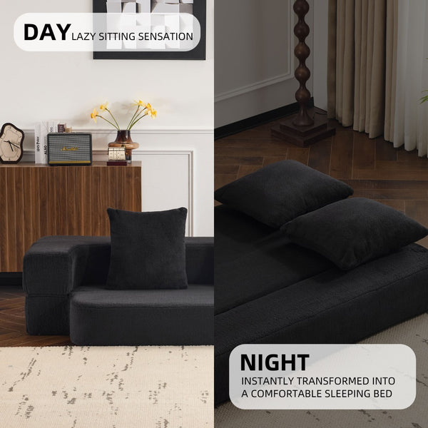 English Elm 74.81" Convertible Sofa Bed Plush Sponge Fill Foldable Lounger for Studio Apartments Black W3612P491918