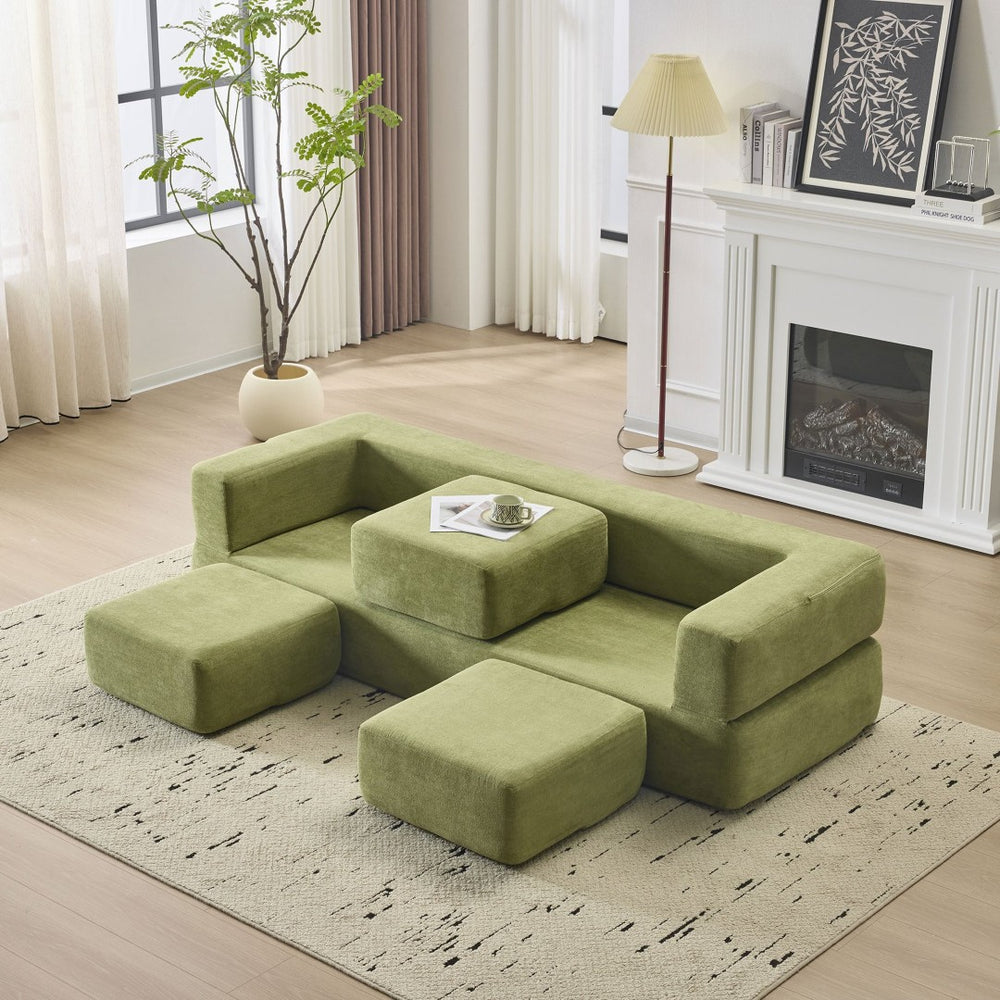 English Elm Versatile Modular Chenille Sofa with Ottomans Converts to Sectional or Sleeper Bed Green W3612P491920