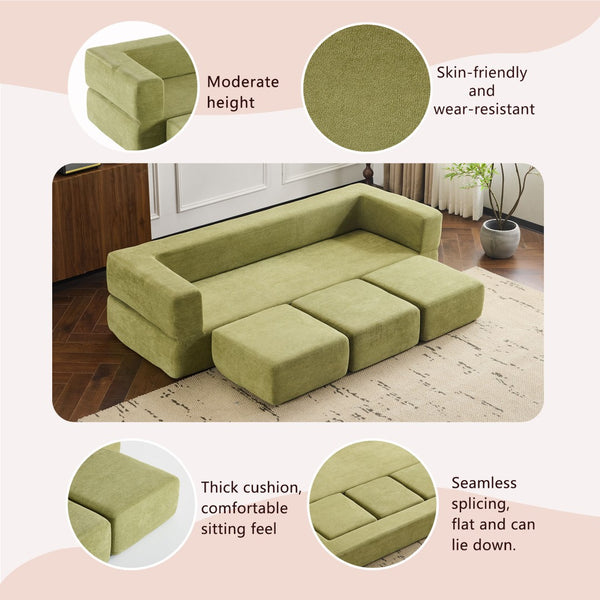 English Elm Versatile Modular Chenille Sofa with Ottomans Converts to Sectional or Sleeper Bed Green W3612P491920