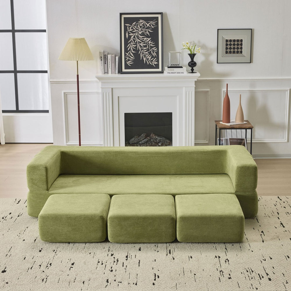 English Elm Versatile Modular Chenille Sofa with Ottomans Converts to Sectional or Sleeper Bed Green W3612P491920