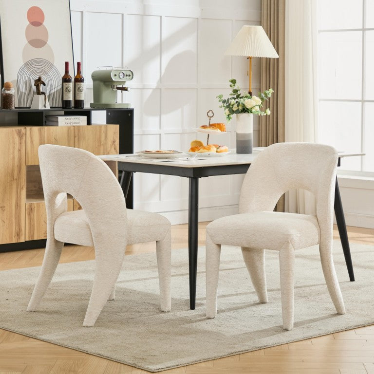 English Elm Beige Chenille Sculpted Hollow Back Dining Chairs Modern Padded Set of 2 W3615P500490