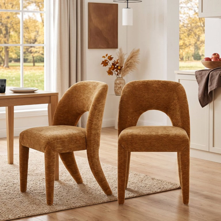English Elm Orange Chenille Dining Chairs Sculpted Hollow Curved Back Foam Padded Set of 2 W3615P529904