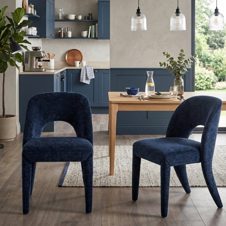 English Elm Dark Blue Chenille Dining Chairs Curved Hollow Back Foam Padded Set of 2 Modern W3615P529908