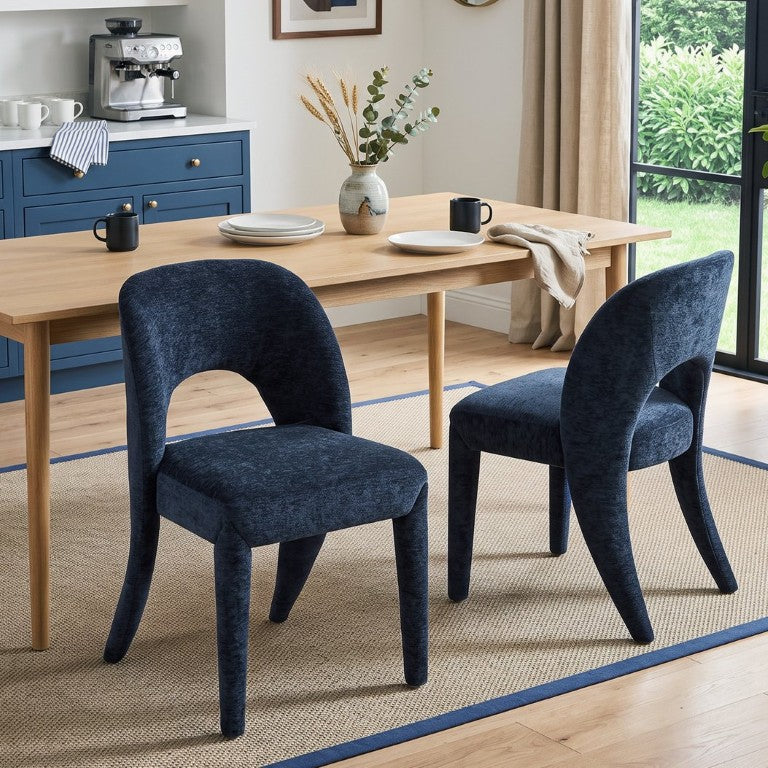 English Elm Dark Blue Chenille Dining Chairs Curved Hollow Back Foam Padded Set of 2 Modern W3615P529908