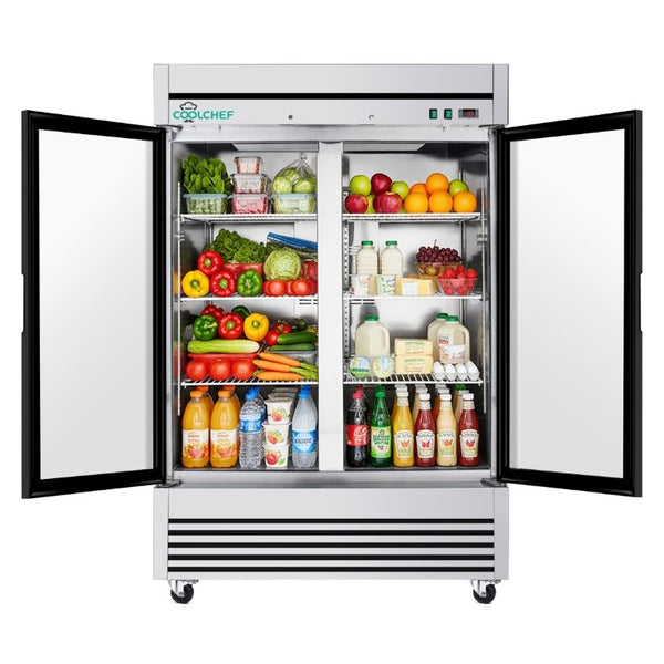 English Elm 49 Cu Ft Stainless Steel Commercial Reach in Cooler Dual Glass Doors LED Display W3629P365424