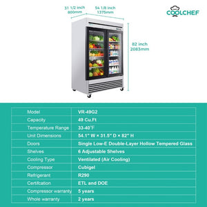 English Elm 49 Cu Ft Stainless Steel Commercial Reach in Cooler Dual Glass Doors LED Display W3629P365424