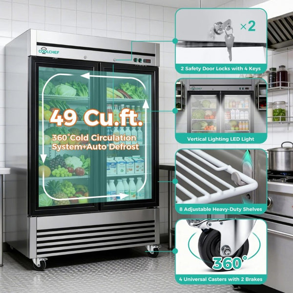 English Elm 49 Cu Ft Stainless Steel Commercial Reach in Cooler Dual Glass Doors LED Display W3629P365424