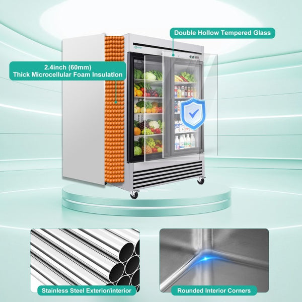 English Elm 49 Cu Ft Stainless Steel Commercial Reach in Cooler Dual Glass Doors LED Display W3629P365424