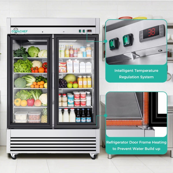 English Elm 49 Cu Ft Stainless Steel Commercial Reach in Cooler Dual Glass Doors LED Display W3629P365424