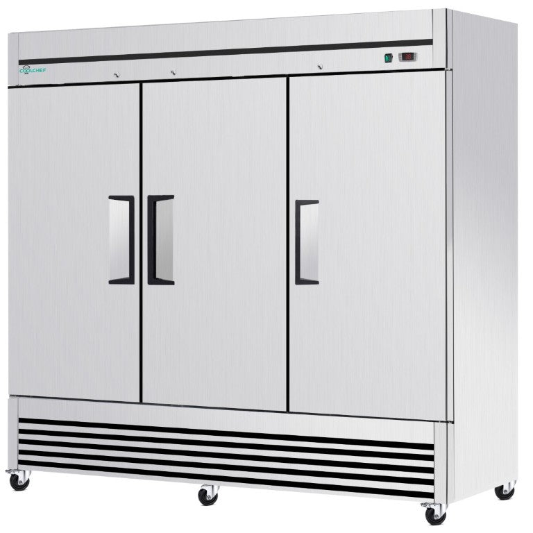 English Elm 72 Cu Ft Stainless Steel Three Door Commercial Reach in Refrigerator with 9 Shelves W3629P365438