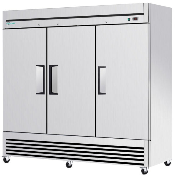 English Elm 72 Cu Ft Stainless Steel Three Door Commercial Reach in Refrigerator with 9 Shelves W3629P365438