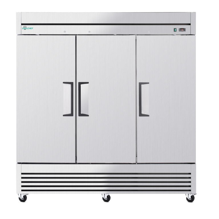 English Elm 72 Cu Ft Stainless Steel Three Door Commercial Reach in Refrigerator with 9 Shelves W3629P365438