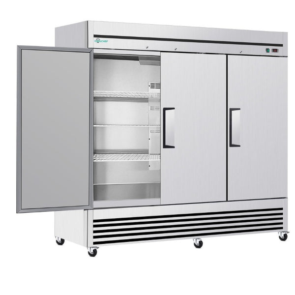 English Elm 72 Cu Ft Stainless Steel Three Door Commercial Reach in Refrigerator with 9 Shelves W3629P365438