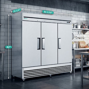 English Elm 72 Cu Ft Triple Door Stainless Steel Commercial Reach in Freezer for Pro Kitchens W3629P365439