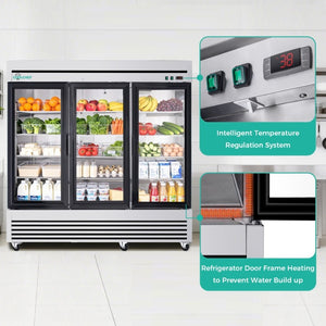 English Elm 72 Cu Ft Triple Glass Door Reach in Commercial Refrigerator Stainless Steel LED W3629P365440