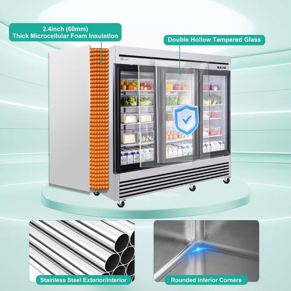 English Elm 72 Cu Ft Triple Glass Door Reach in Commercial Refrigerator Stainless Steel LED W3629P365440