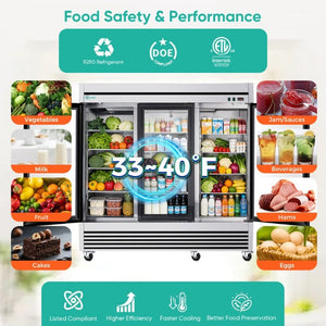 English Elm 72 Cu Ft Triple Glass Door Reach in Commercial Refrigerator Stainless Steel LED W3629P365440