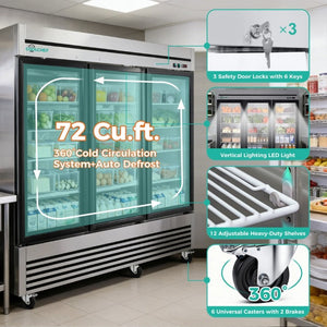 English Elm 72 Cu Ft Triple Glass Door Reach in Commercial Refrigerator Stainless Steel LED W3629P365440