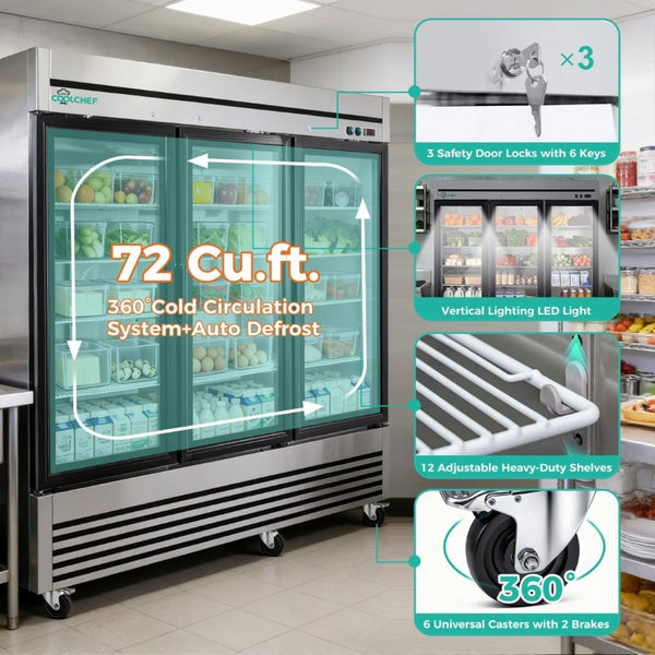 English Elm 72 Cu Ft Triple Glass Door Reach in Commercial Refrigerator Stainless Steel LED W3629P365440