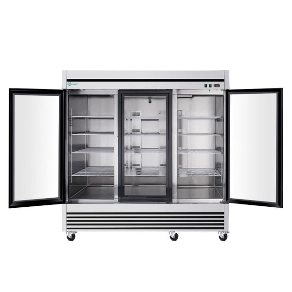 English Elm 72 Cu Ft Triple Glass Door Reach in Commercial Refrigerator Stainless Steel LED W3629P365440