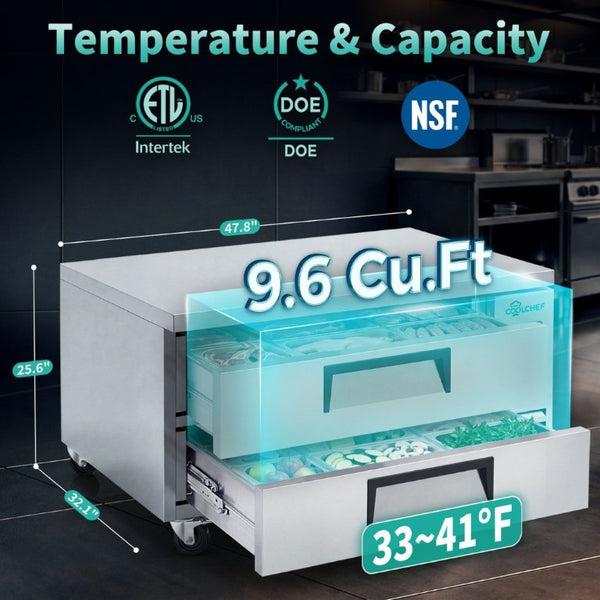 English Elm 48 Inch Commercial Refrigerated Chef Base Two Drawer Undercounter Cold Storage Unit W3629P365450