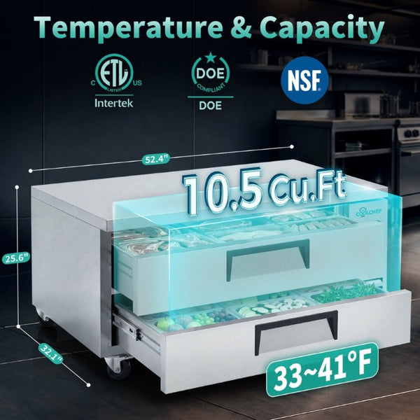 English Elm 52 Inch Refrigerated Chef Base with Two Drawers 10.5 Cu Ft Steel Undercounter Unit W3629P365451
