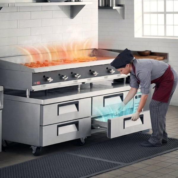 English Elm 72 Inch Stainless Steel Chef Base with Four Drawers Ventilated Undercounter Cooler NSF W3629P365452