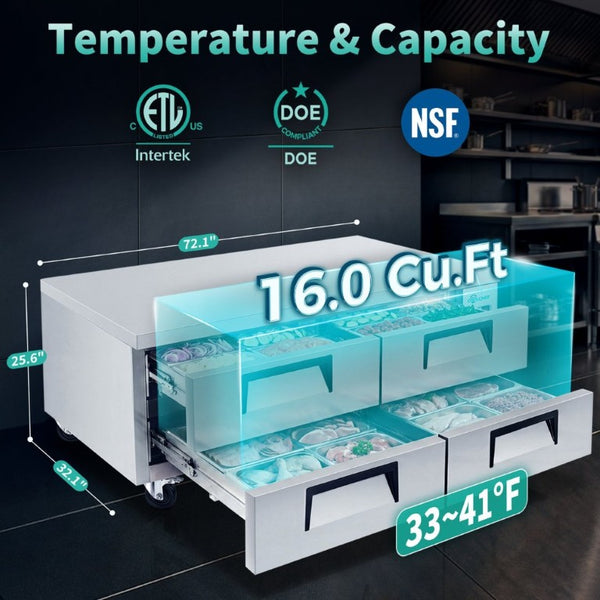 English Elm 72 Inch Stainless Steel Chef Base with Four Drawers Ventilated Undercounter Cooler NSF W3629P365452