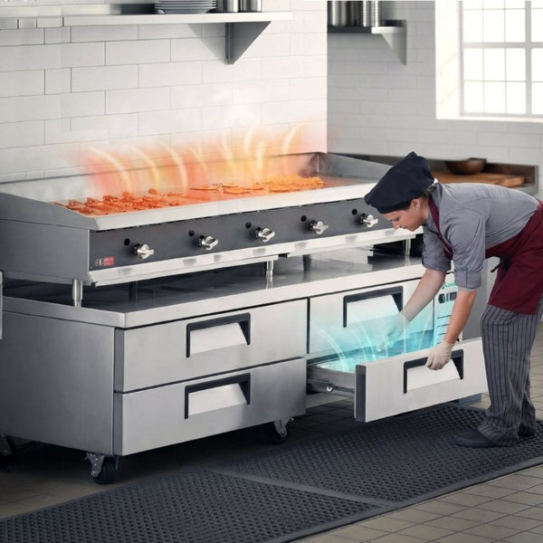 English Elm 84 Inch Refrigerated Chef Base with Four Drawers and 19.1 Cu Ft Stainless Cookline Storage W3629P365453