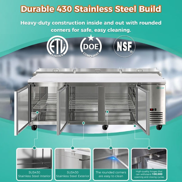 English Elm Coolchef Three Door Pizza Prep Refrigerator NSF Certified Stainless Steel Commercial Table W3629P459820