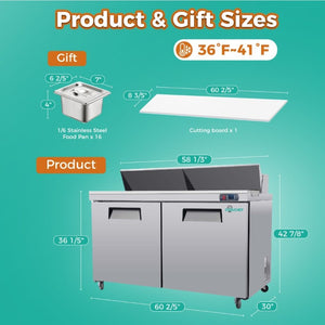 English Elm 60 Inch Commercial Sandwich Prep Table Stainless Steel Mega Top NSF ETL Certified W3629P459823