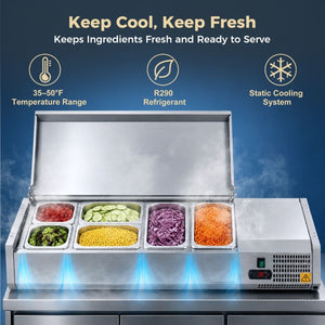 English Elm 47 Inch Stainless Steel Commercial Refrigerated Prep Station with ETL Certified R290 Cooling W3629P514999
