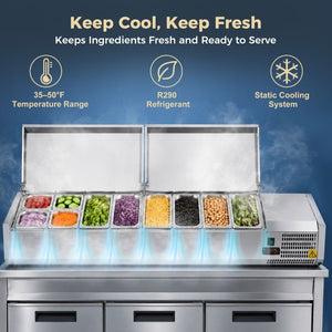 English Elm 71 Inch Refrigerated Prep Station Stainless Steel Countertop Cold Storage ETL Certified W3629P515001