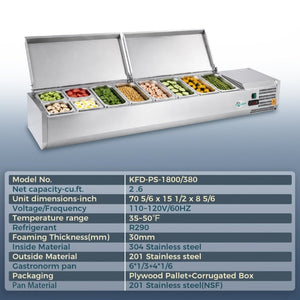 English Elm 71 Inch Refrigerated Prep Station Stainless Steel Countertop Cold Storage ETL Certified W3629P515001