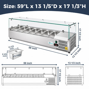 English Elm 59 Inch Refrigerated Condiment Prep Rail Stainless Steel Glass Guard ETL R290 Certified W3629P515003