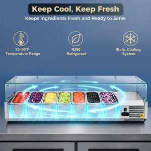 English Elm 59 Inch Refrigerated Condiment Prep Rail Stainless Steel Glass Guard ETL R290 Certified W3629P515003