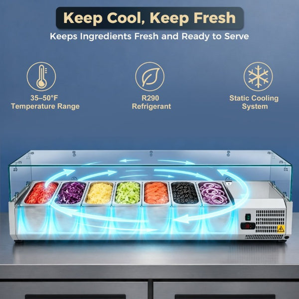 English Elm 59 Inch Refrigerated Condiment Prep Rail Stainless Steel Glass Guard ETL R290 Certified W3629P515003