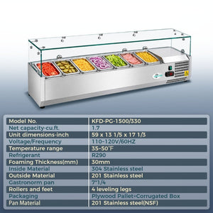 English Elm 59 Inch Refrigerated Condiment Prep Rail Stainless Steel Glass Guard ETL R290 Certified W3629P515003