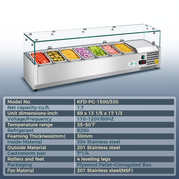 English Elm 59 Inch Refrigerated Condiment Prep Rail Stainless Steel Glass Guard ETL R290 Certified W3629P515003
