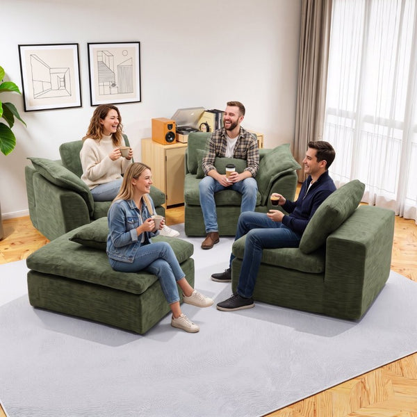 English Elm Boneless Cloud Sectional Sofa with Ottoman Memory Foam Deep Seat Modern Living Room Green 98.43 L x 35.43 W x 35.43 H W3653S00010