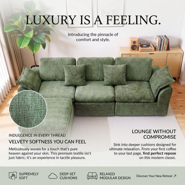 English Elm Boneless Cloud Sectional Sofa with Ottoman Memory Foam Deep Seat Modern Living Room Green 98.43 L x 35.43 W x 35.43 H W3653S00010