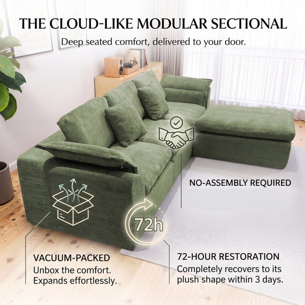 English Elm Boneless Cloud Sectional Sofa with Ottoman Memory Foam Deep Seat Modern Living Room Green 98.43 L x 35.43 W x 35.43 H W3653S00010