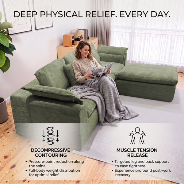 English Elm Boneless Cloud Sectional Sofa with Ottoman Memory Foam Deep Seat Modern Living Room Green 98.43 L x 35.43 W x 35.43 H W3653S00010